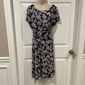 Perceptions Floral Navy & Peach Midi Dress with Belted waist